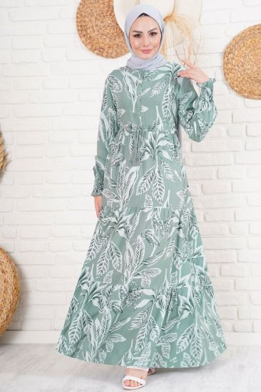 2145 Desenli Tesettür Elbise - Haki resmi